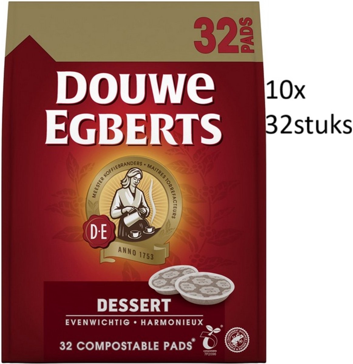 Douwe Egberts - koffiepads dessert roodmerk voor senseo - multipak 10x 32 stuks (8711000417843)