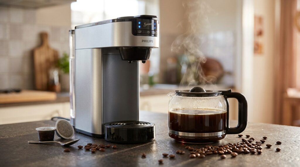 Senseo Switch in zilveren uitvoering op het keukenaanrecht met een glazen koffiekan. Senseo Switch in zilveren uitvoering op het keukenaanrecht met een glazen koffiekan.