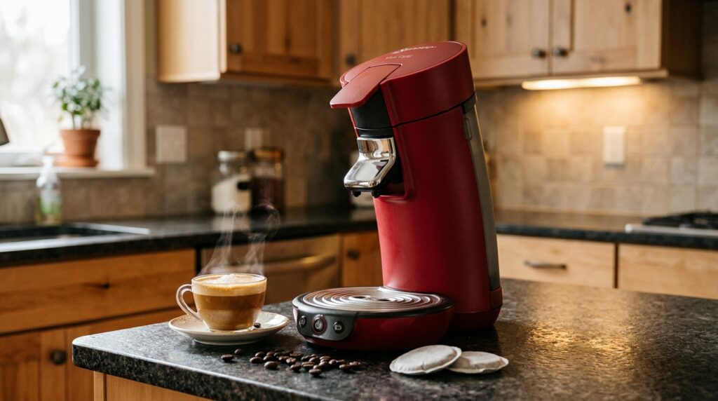 Senseo Viva CafƩ koffiezetapparaat op een houten aanrecht met een vers kopje koffie. Senseo Viva CafƩ koffiezetapparaat op een houten aanrecht met een vers kopje koffie.