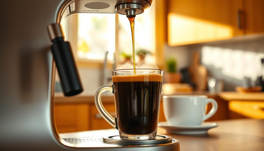 A Viva Café coffee maker with an adjustable coffee spout gracefully pouring rich coffee into a tall, elegant mug. The foreground features the sleek, modern design of the coffee maker, showcasing its shiny metallic finish and intuitive controls. In the middle, the steaming mug captures the rich, dark brew, giving off gentle wisps of steam in soft lighting, creating a warm and inviting atmosphere. The background presents a cozy kitchen setting with warm wooden cabinets and subtle kitchen decorations, enhancing the homey feel. The image is lit with warm, natural light from a nearby window, evoking a comfortable and relaxed morning coffee experience. Capture this scene from a slightly elevated angle to emphasize the coffee pouring action, ensuring a professional and polished look. Alt Text: Een Viva Café met verstelbare koffietuit die koffie in een hoge mok schenkt, in een gezellige keuken. A Viva Café coffee maker with an adjustable coffee spout gracefully pouring rich coffee into a tall, elegant mug. The foreground features the sleek, modern design of the coffee maker, showcasing its shiny metallic finish and intuitive controls. In the middle, the steaming mug captures the rich, dark brew, giving off gentle wisps of steam in soft lighting, creating a warm and inviting atmosphere. The background presents a cozy kitchen setting with warm wooden cabinets and subtle kitchen decorations, enhancing the homey feel. The image is lit with warm, natural light from a nearby window, evoking a comfortable and relaxed morning coffee experience. Capture this scene from a slightly elevated angle to emphasize the coffee pouring action, ensuring a professional and polished look. Alt Text: Een Viva Café met verstelbare koffietuit die koffie in een hoge mok schenkt, in een gezellige keuken.