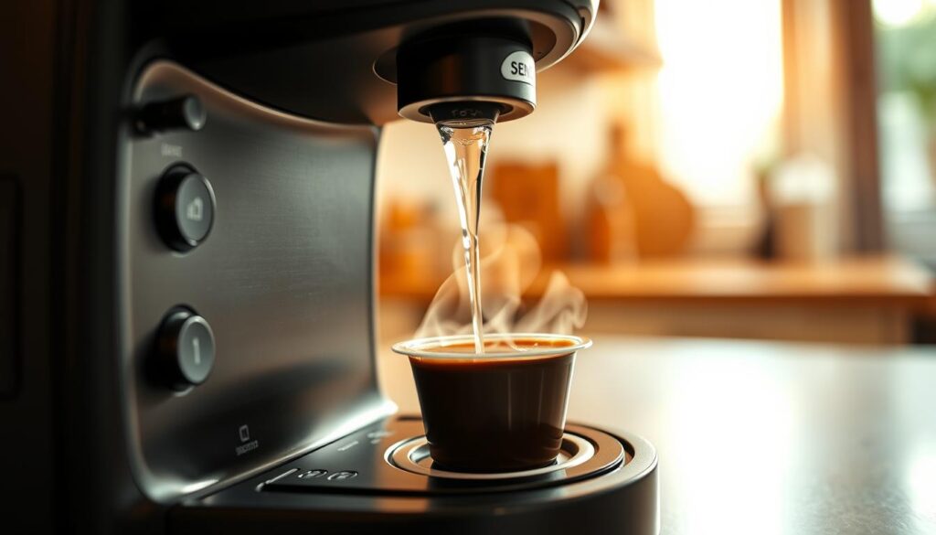 A close-up view of a Senseo Duo Select coffee machine dispensing hot water over a coffee pod. The machine should be prominently featured in the foreground, with rich, detailed textures highlighting its sleek design and buttons. In the middle ground, the coffee pod is visible under the spray of water, capturing the moment of brewing with steam rising from it. The background should softly blur to a warm, inviting kitchen setting, gently illuminated by soft, natural light to create a cozy atmosphere. The overall mood is pleasant and comforting, evoking the ritual of making a fresh cup of coffee. Use a shallow depth of field to emphasize the coffee machine and pod, with a focus on the intricate details of the brewing process. Het beeld toont de Senseo Duo Select koffiezetter met water dat over een koffiepad wordt verdeeld in een warme keuken. A close-up view of a Senseo Duo Select coffee machine dispensing hot water over a coffee pod. The machine should be prominently featured in the foreground, with rich, detailed textures highlighting its sleek design and buttons. In the middle ground, the coffee pod is visible under the spray of water, capturing the moment of brewing with steam rising from it. The background should softly blur to a warm, inviting kitchen setting, gently illuminated by soft, natural light to create a cozy atmosphere. The overall mood is pleasant and comforting, evoking the ritual of making a fresh cup of coffee. Use a shallow depth of field to emphasize the coffee machine and pod, with a focus on the intricate details of the brewing process. Het beeld toont de Senseo Duo Select koffiezetter met water dat over een koffiepad wordt verdeeld in een warme keuken.